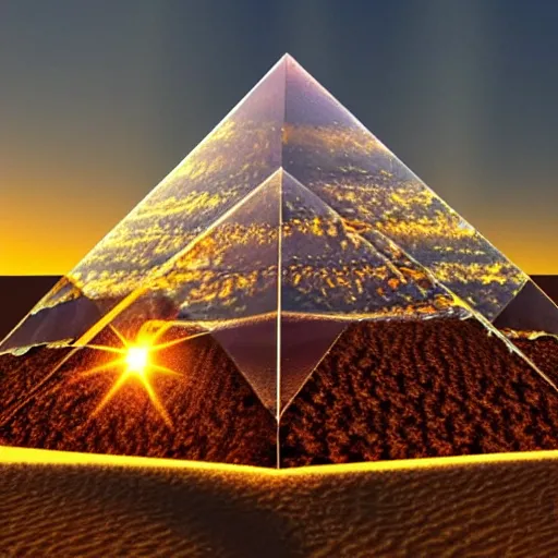 Prompt: a glass crystal pyramid in the desert in a sunset, highly detailed, fractal, chromatic refraction