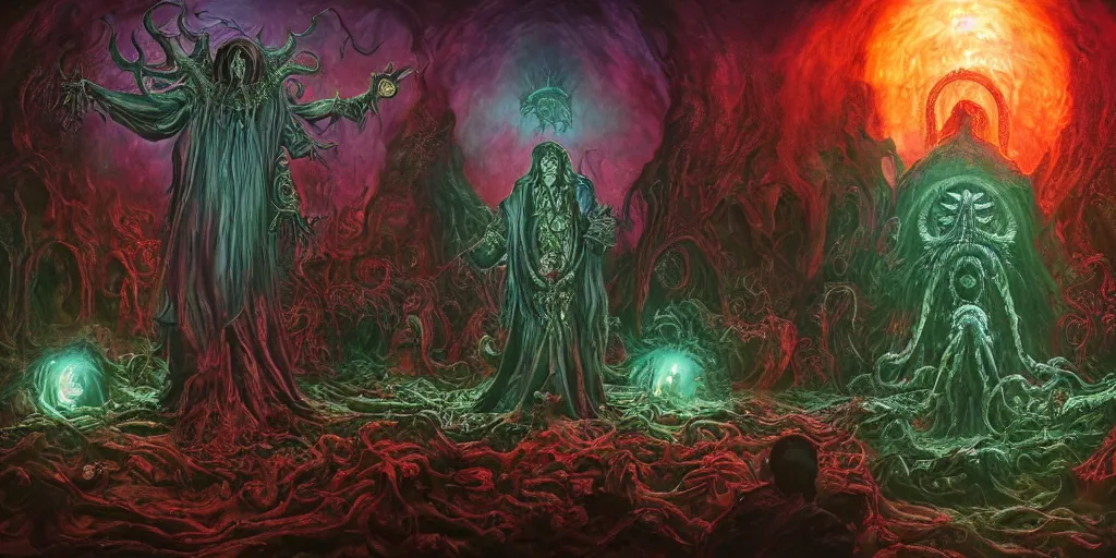 Image similar to photorealistic matte painting photography of circle group of necromancer priest in an invoking ritual in front of a viscosity cthulhu within a lovecraft portal, art by david lachapelle, photography by annie leibovitz, wide - angle portrait, atmospheric lighting, rich deep colors masterpiece, fractal crystals