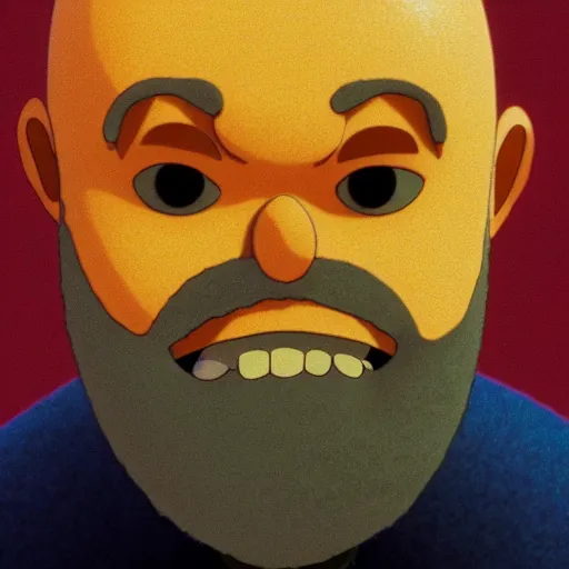 Image similar to bald man with a bright orange beard by studio ghibli, cinema still, 4 k