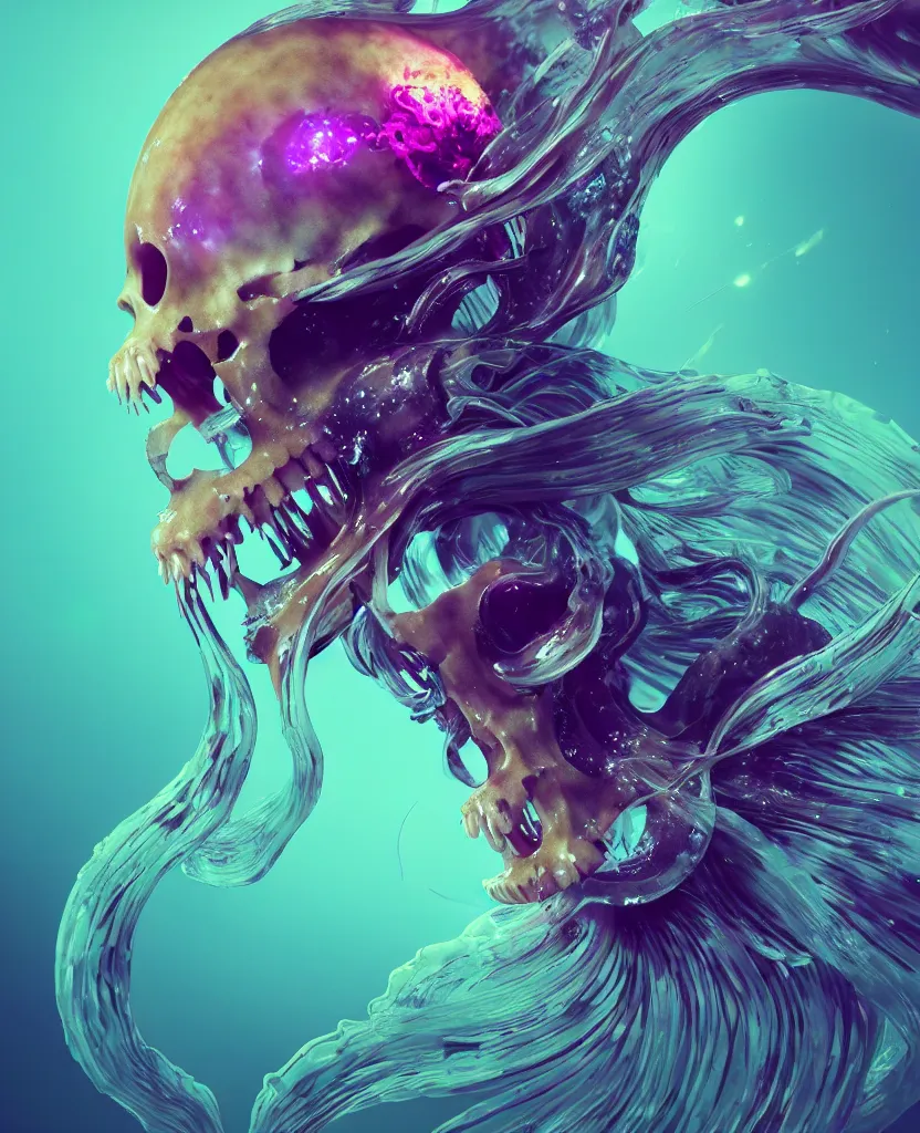 Image similar to goddess close-up portrait animal skull. jellyfish phoenix head, nautilus, orchid, skull, betta fish, bioluminiscent creatures, intricate artwork by Tooth Wu and wlop and beeple. octane render, trending on artstation, greg rutkowski very coherent symmetrical artwork. cinematic, hyper realism, high detail, octane render, 8k