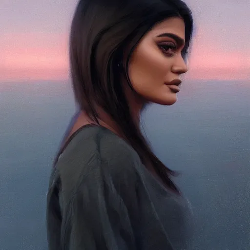 Image similar to a closeup portrait of a kylie jenner, dramatic light, lake background, sunset, dark, painted by stanley lau, painted by greg rutkowski, painted by stanley artgerm, digital art, trending on artstation