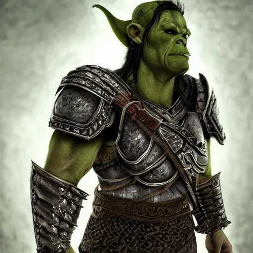 Prompt: realistic full body portrait of half orc cleric, dungeons and dragons, male, wearing eye shadow, ornate armor, shallow depth of field, highly detailed, dslr, volumetric lighting, dynamic pose, hyperrealism, highly textured