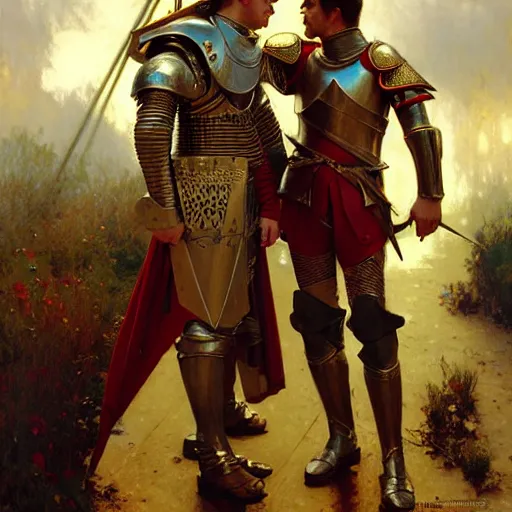 Image similar to attractive arthur pendragon and his attractive male knight, they are in love, natural lighting, path traced, highly detailed, high quality, digital painting, by gaston bussiere, craig mullins, alphonse mucha j. c. leyendecker