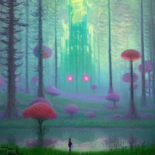 Image similar to Magical fairy forest by Simon Stålenhag and Claude Monet