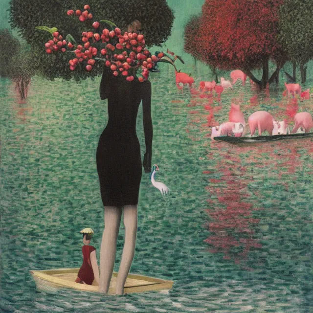 Prompt: painting of flood waters, a tall catgirl art student, a river flooding inside, art supplies, pigs, plants in a glass vase, water, river, rapids, waterfall, canoe, pomegranate, berries dripping, swans, acrylic on canvas, surrealist, by magritte and monet