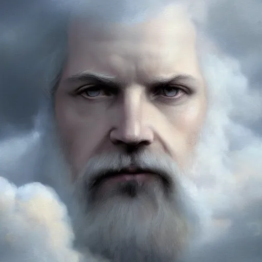 Prompt: breathtaking soft painting of zeus in a clouds, realistic symmetrical face features, rembrandt style, elegant, highly detailed, artstation, concept art, matte, sharp focus, art by tom bagshaw, and greg rutkowski