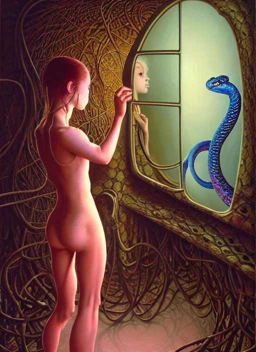 Prompt: realistic detailed image of a girl in dress looking at the mirror to another world dimension , and a snake in an old soviet girlish room with a little monster hiding!!! under the bed!!! by Ayami Kojima, Amano, Karol Bak, Greg Hildebrandt, and Mark Brooks, rich deep colors. Beksinski painting, part by Adrian Ghenie and Gerhard Richter. art by Takato Yamamoto. masterpiece . intricate artwork by Tooth Wu and wlop and beeple, greg rutkowski, very coherent symmetrical artwork, cinematic, hyper realism, high detail, octane render, unreal engine, 8k, Vibrant colors, Smooth gradients, High contrast, depth of field. by Katsuhiro Otomo, full body character drawing, inspired by Evangeleon, clean ink detailed line drawing, intricate detail, extremely detailed, 8k. painting by Arthur Rackham, Eugene de Blaas, Frederic Leighton