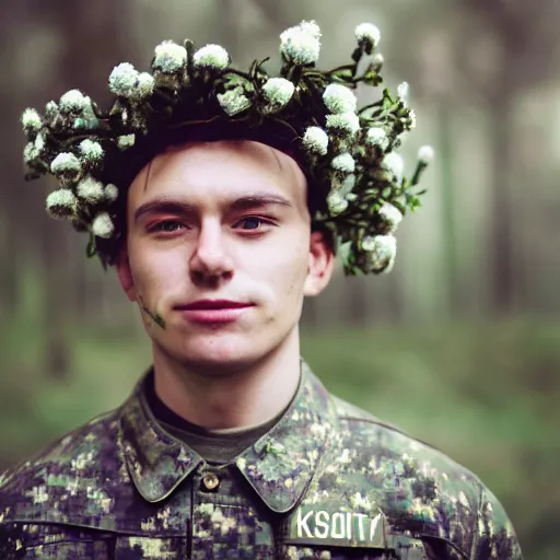 Image similar to close up kodak portra 4 0 0 photograph of a futuristic soldier in a flower crowd after the battle standing in dark forest, flower crown, moody lighting, telephoto, blurry background, faded