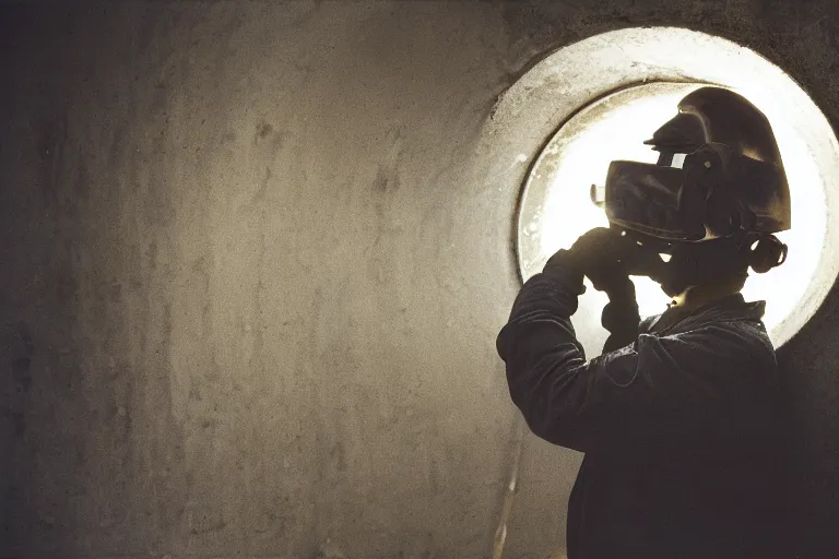 Prompt: welder wearing welding mask hiding in a sewage pipe, ominous lighting, by richard avedon, cinestill colour, anamorphic, cinematic stock