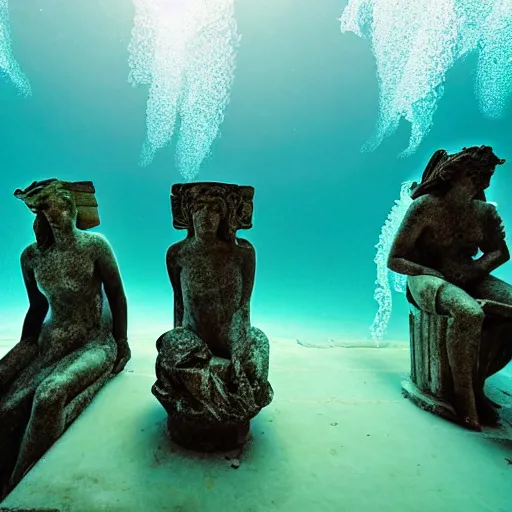 Image similar to underwater photograph of ancient greek statues sitting on a rotting couch on sea floor watching tv, elegant jellyfish, exploration, national geographic, volumetric lighting