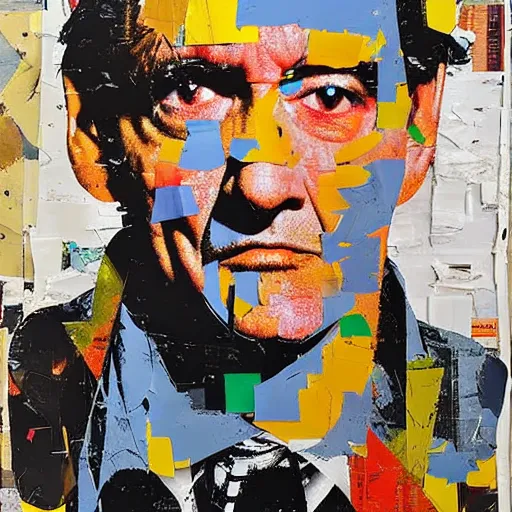 Prompt: a portrait a very ordinary person, by Mimmo Rotella, ripped, torn poster, abstract, vivid colors, flat bold color