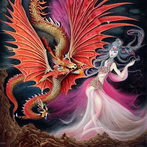 Image similar to miniature painting of a dragon fighting a woman with red+velvet+pink+orange+white colors by Mahmoud Farshchian, intricate, insane detailed, very detailed, Farshchian painting, Farshchian miniature, by Mahmoud Farshchian