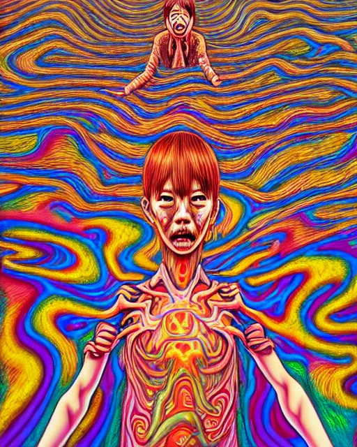 Prompt: human spirit breaking away, conjuring psychedelic background, part by shintaro kago, part by alex gray, ross tran, james jean, ultra realistic, highly detailed, 8 k, trending on artstation, symmetry