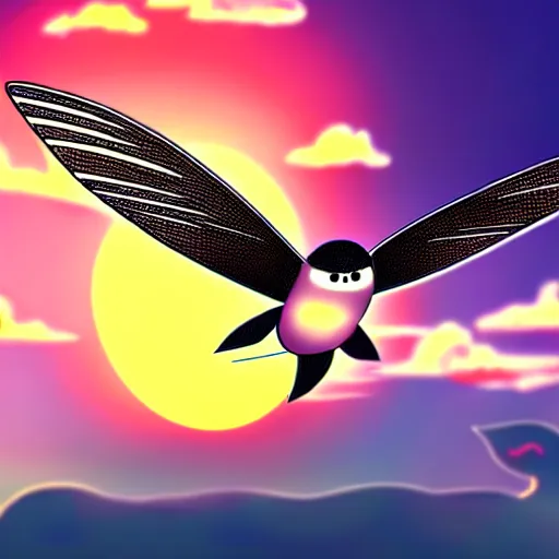 Image similar to a robot house martin flying in the sky, sunset, mechanical cute bird, fluffy clouds, beautiful digital art, pixiv