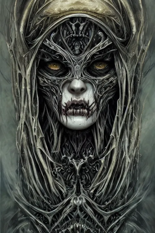 Image similar to Elden Ring and Doom themed painting of majestic chromatic biomechanical anatomical undead warrior hybrid beautiful ethereal angel symmetrical neutral black metal corpsepaint mask closeup face tattoo pattern golden ratio concept, Neo-Gothic concept, infinity glyph waves, intricate artwork masterpiece, very coherent artwork, cinematic, full frontal facial features by Artgerm, art by H.R. Giger, Joseph Michael Linsner, Zdizslaw Beksinski, Johnatan Wayshak, Moebius, Ayami Kojima, very anatomically coherent artwork, trending on cgsociety, ultra high quality model, production quality cinema model, high detail chromatic ink outline, octane render, unreal engine 8k, hyper realism, high detail, octane render, unreal engine, 8k, High contrast