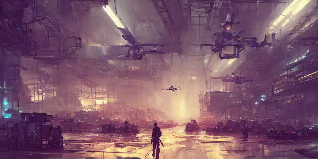 Image similar to concept art of a factory filled with drone and robot workers, grimy, gritty, blade runner 2 0 4 9, trending on artstation, award winning painting, cgi, art by john berkey and anton fadeev and john howe and simon stalenhag