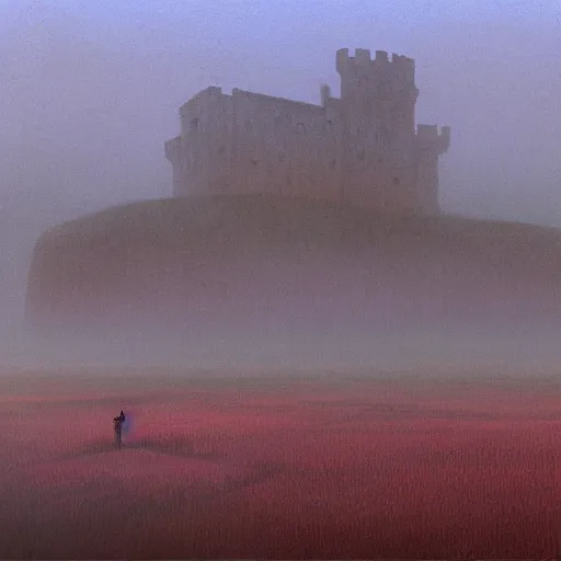 Image similar to A haunting castle stands over a misty orchard during sunrise. A matte painting in the style of Wayne Barlowe, by Zdzisław Beksiński.