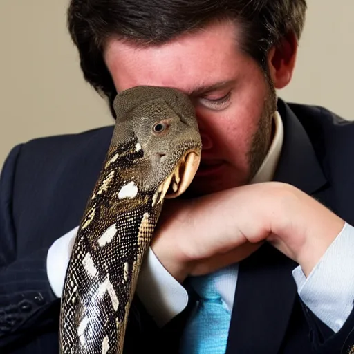 Prompt: A man with the head of a python in a business suit