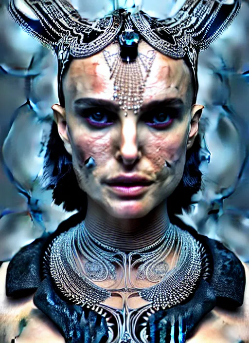 Prompt: portrait photograph of an absurdly beautiful, graceful, sophisticated, fashionable futuristic woman, facial piercings, natalie portman, heavy body modification, facial tattoos, prosthetic implants, hyperdetailed by popovy sisters, intricate linework, white porcelain skin, faberge, intricate chrome headdress, dark atmosphere, unreal engine 5 highly rendered, global illumination, radiant light, detailed and intricate environment