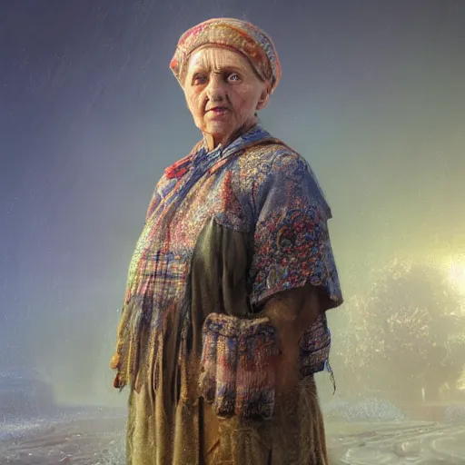 Image similar to hyperrealistic mixed media high resolution image of a Ukrainian grandmother, stunning 3d render inspired art by István Sándorfi and Greg Rutkowski and Unreal Engine, perfect symmetry, dim volumetric lighting, 8k octane beautifully detailed render, post-processing, extremely hyper-detailed, intricate, epic composition, highly detailed attributes, highly detailed atmosphere, full body shot, cinematic lighting, masterpiece, trending on artstation, very very detailed, masterpiece, stunning, flawless structure, lifelike texture, perfection,