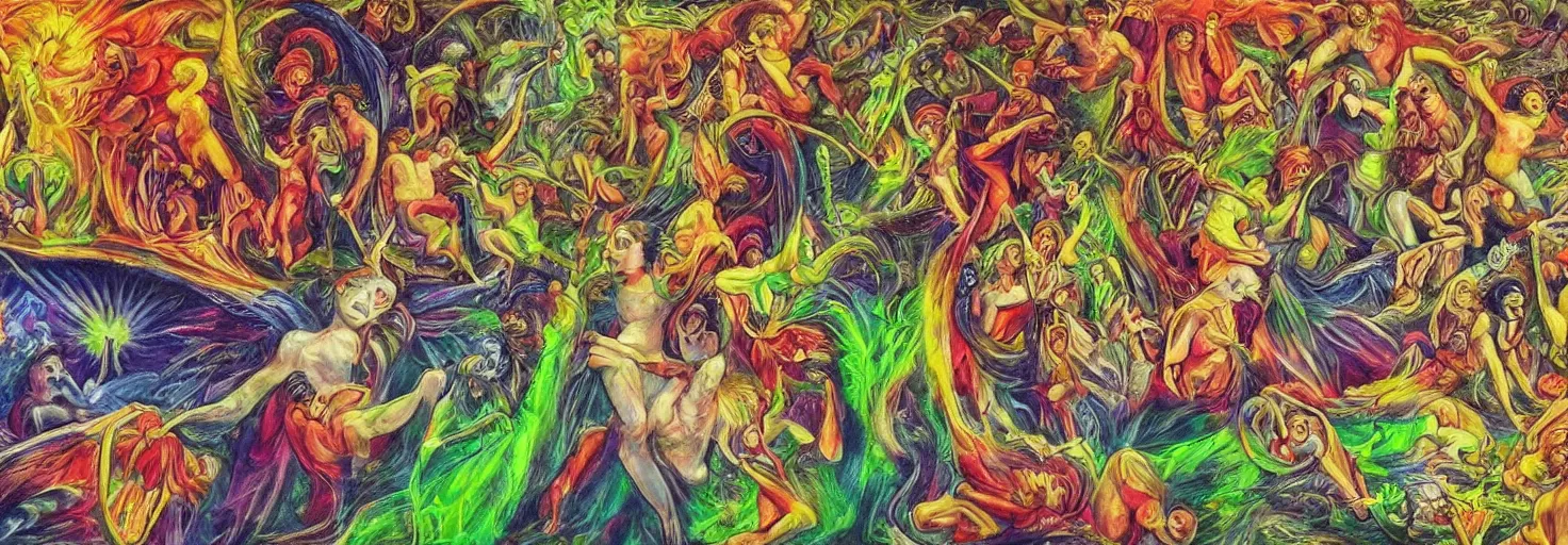 Image similar to elements of nature, angels and demons, hemp, bright colors, degenerate art