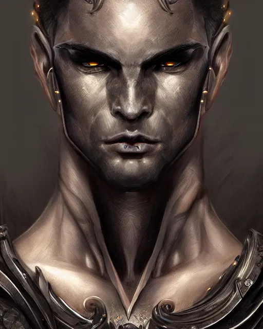 Image similar to portrait of a handsome male dark elf, obsidian skin, fantasy, intricate, elegant, highly detailed, digital painting, artstation, concept art, sharp focus, illustration