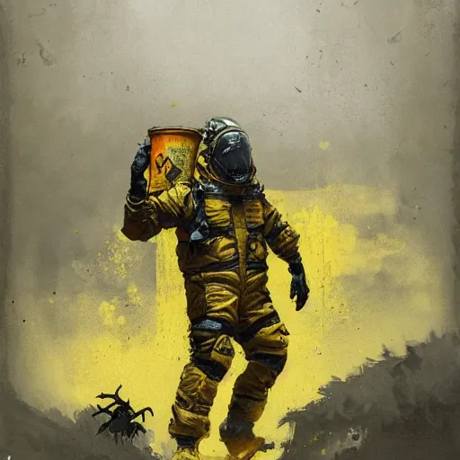 Prompt: a painting of a man in a yellow bio hazard suit holding a bucket and looking at godzilla sized spider, poster art by jakub rozalski, trending on artstation, nuclear art, apocalypse art, dystopian art, poster art