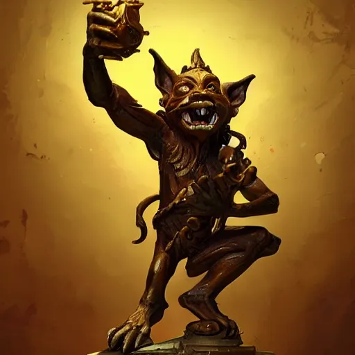 Image similar to Lucky Golden Goblin statue, bright art masterpiece artstation. 8k, sharp high quality artwork in style of Jose Daniel Cabrera Pena and Greg Rutkowski, golden theme, concept art by Tooth Wu, hearthstone card game artwork