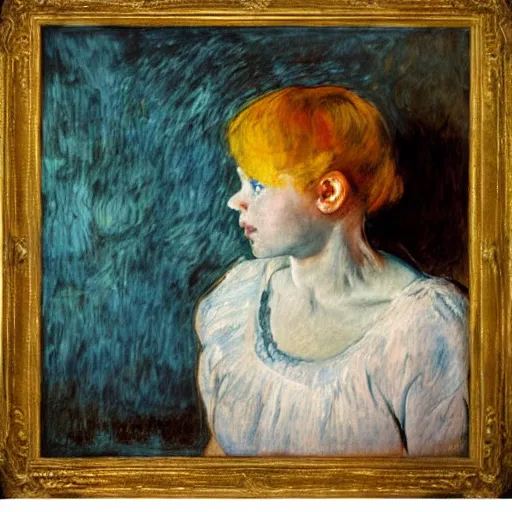 Image similar to palette knife oil painting portrait of a young girl in a blue and gold haunted liminal room, film still by goya, by henri de toulouse - lautrec, by pontormo, extreme detail, liminal aesthetic, artgerm, deviant art, octane, substance, art history 8 k, art nouveau