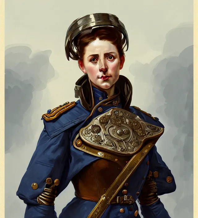 Prompt: portrait of a british woman wearing a blue traditional nineteenth century military jacket, metal shoulder pauldrons, intricate, highly detailed, digital painting, artstation, concept art, sharp focus, cinematic lighting, illustration, art by artgerm and greg rutkowski, alphonse mucha, cgsociety