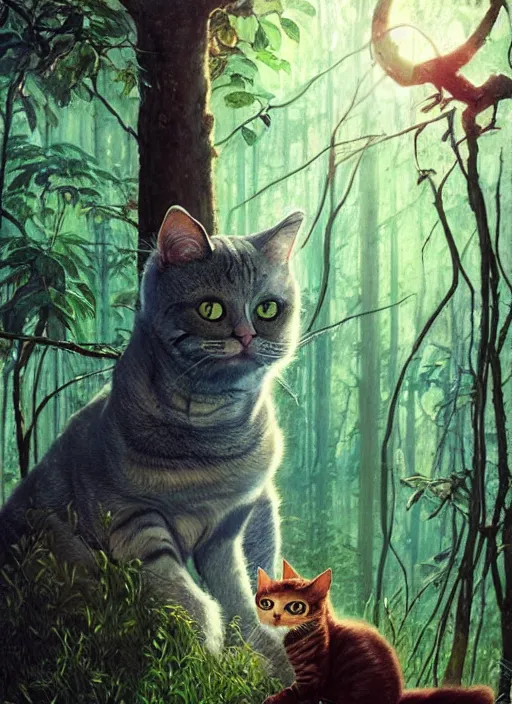 Image similar to a hyper realistic illustrated cat with happy lighting playing in the woods gorgeous lighting, sunbeams blue sky, lush forest foliage painting by chiara bautista and beksinski and norman rockwell and greg rutkowski weta studio, and lucasfilm