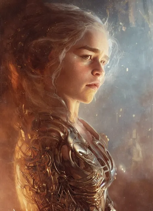 Prompt: mischievous emilia clarke, happy, detailed, by gaston bussiere, bayard wu, greg rutkowski, giger, maxim verehin, greg rutkowski, masterpiece, sharp focus, cinematic lightning