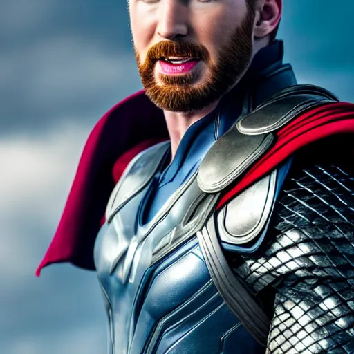 Image similar to chris evans as thor, marvel cinematic universe, mcu, canon eos r 3, f / 1. 4, iso 2 0 0, 1 / 1 6 0 s, 8 k, raw, unedited, symmetrical balance, in - frame,