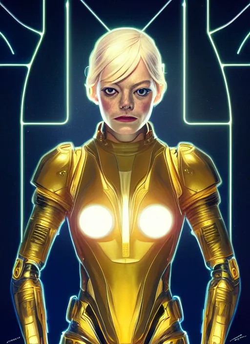 Image similar to symmetry!! portrait of emma stone, gold sci - fi armour, tech wear, glowing lights!! sci - fi, intricate, elegant, highly detailed, digital painting, artstation, concept art, smooth, sharp focus, illustration, art by artgerm and greg rutkowski and alphonse mucha