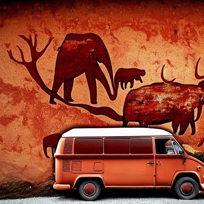 Image similar to red ocher painted on the wall image of ancient vw bus, mammoths and hunters, ancient prehistoric rock art in a cave style