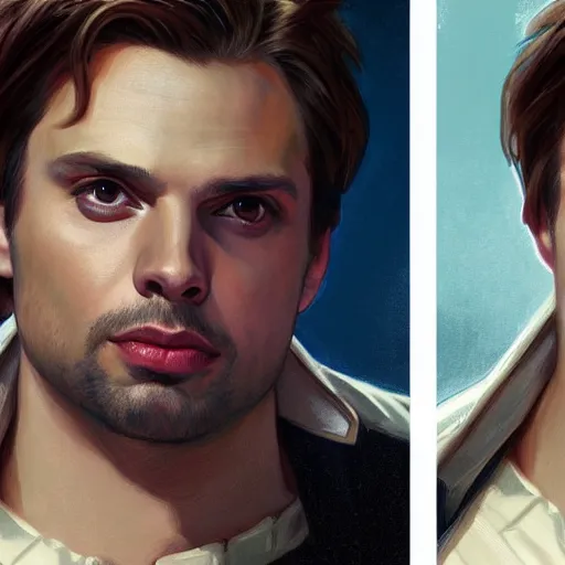 Prompt: Sebastian Stan portrait, painted by Artgerm and Greg Rutkowski and Alphonse Mucha