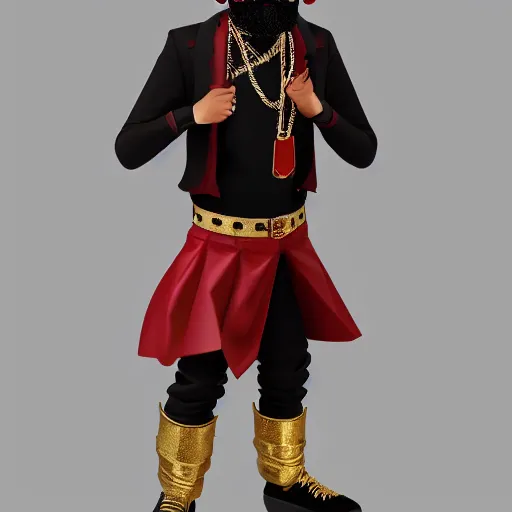 Prompt: a highly detailed full-length man with dark brown short hair, a dark beard, in black and red clothes, with a gold chain and a gold belt, artstation, DeviantArt, professional, octane render