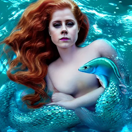 Image similar to amy adams portrait, fantasy, mermaid, hyperrealistic, game character, underwater, highly detailed, sharp focus, cinematic lighting, pearls, glowing hair, shells, gills, crown, water, highlights, starfish, jewelry, realistic, digital art, pastel, magic, fiction, ocean, king, colorful hair, sparkly eyes, fish, heroic, goddess, waves, bubbles, queen