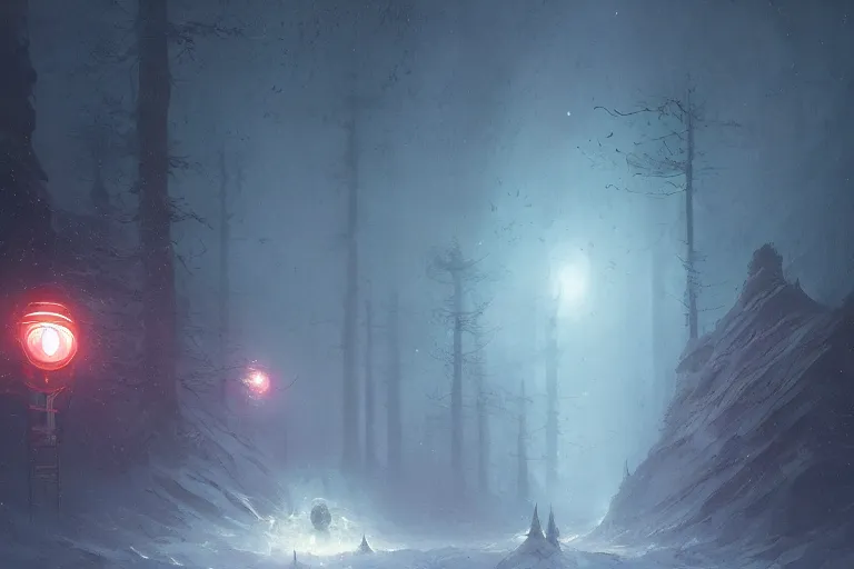 Image similar to jakub rosalski a magical animation from a video game of a spaceship hovering over a foggy snow covered landscape, by greg rutkowski and frank frazetta and peter mohrbacher and william blake and dan mumford, volumetric lighting, cinematic lighting, insanely detailed, intricate, artstation, cgsociety, painted by Simon Stalenhag, concept art, illustration, sharp focus