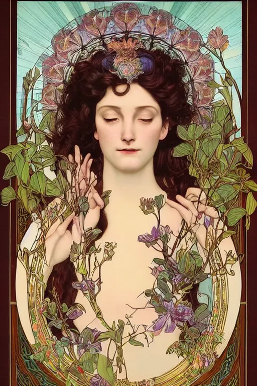 Image similar to a goddess of magnolia a queen of the garden, meditating! with a beautiful symmetrical face!!! cinematic lightning, isolated, studio lighting by alphonse mucha and tom bagshaw