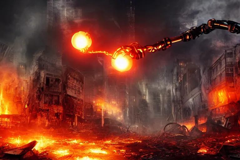 Prompt: Cybernetic Robotic Fire Orb Floating above a destroyed city street, fantasy, photorealistic, metropolis