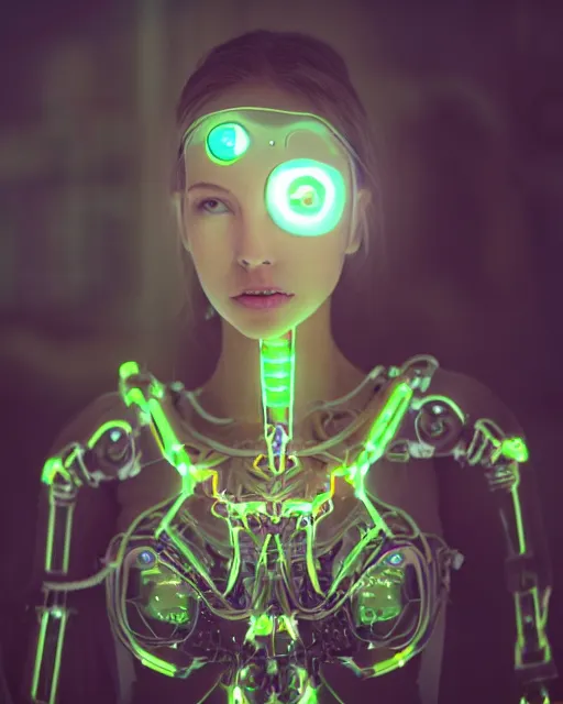 Image similar to photo of dreamy female as a solarpunk cyborg with fluorescent lamps over face, robotic body parts around neck, real human face with skin, ultra - realistic and detailed, long exposure, soft focus hdr 8 k