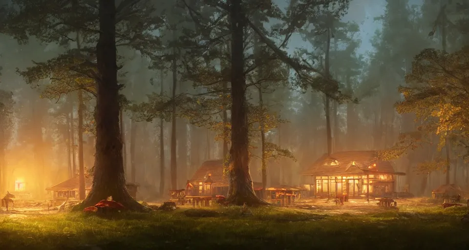 Image similar to A landscape with a quiet tavern in the middle of a forgotten magical forest, large trees, mushrooms, warm lighting, inviting, enchanting, rendered by simon stålenhag, rendered by Beeple, Makoto Shinkai, syd meade, environment concept, digital art, unreal engine, 3 point perspective, WLOP, trending on artstation, low level, 4K UHD image, octane render,