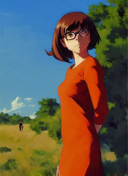 Prompt: Greg Manchess painting of Velma Dinkley, anime style, countryside, calm, fantasy character portrait, dark outlines, dynamic pose, above view, sunny day, artwork by Makoto Shinkai, very coherent asymmetrical artwork, sharp edges, perfect face, simple form, 100mm