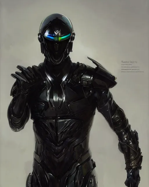 Prompt: character concept of iridescent sinewy smooth muscular male sleek glossy black pearlescent scifi armor with smooth black featureless helmet, by greg rutkowski, mark brookes, jim burns, tom bagshaw, magali villeneuve, trending on artstation