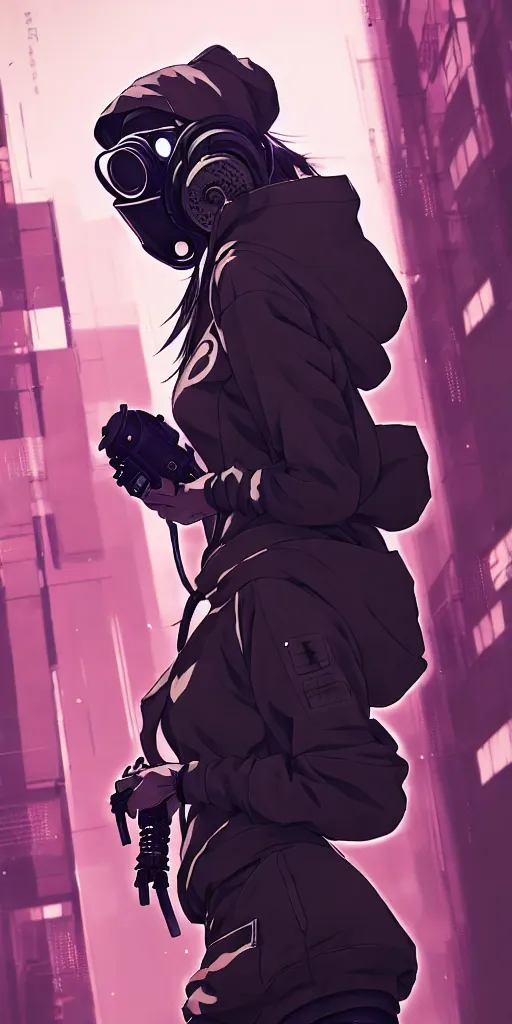 Image similar to cyberpunk anime girl in hoodie, cyberpunk gas mask, 3 / 4 shot, street night, grafity, beautiful face, grafity, arcane, action, tokyo street, detail, good face, pose model, concept art, in style of yoji shinkawa, pan ren wei, col price, atey ghailan, by greg rutkowski, aesthetic