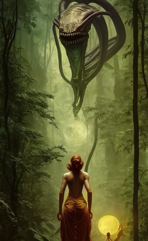 Image similar to alien magic creature poster art, humanoid, lush forest, movie art, by lucusfilm, weta studio, tom bagshaw, james jean, frank frazetta alphonso mucha, norman rockwell, 8 k, denoised