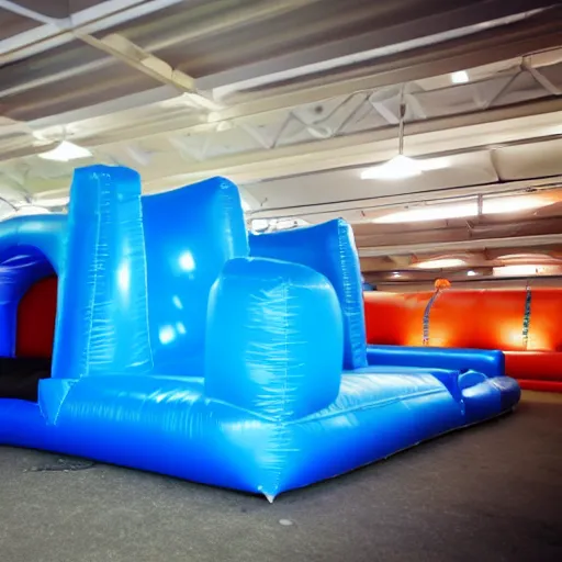 Image similar to photo of endless dimly lit liminal space made of bouncy castle