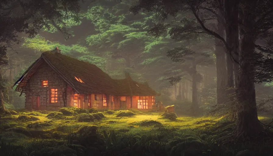 Image similar to A highly detailed matte painting of cottage in a dark forest, by Studio Ghibli, Makoto Shinkai, by Artgerm, by beeple, by Greg Rutkowski, volumetric lighting, octane render, 4K resolution, trending on artstation, masterpiece