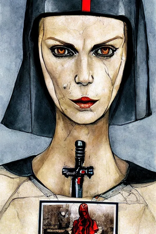 Image similar to portrait fashion model cyborg nun artwork by enki bilal